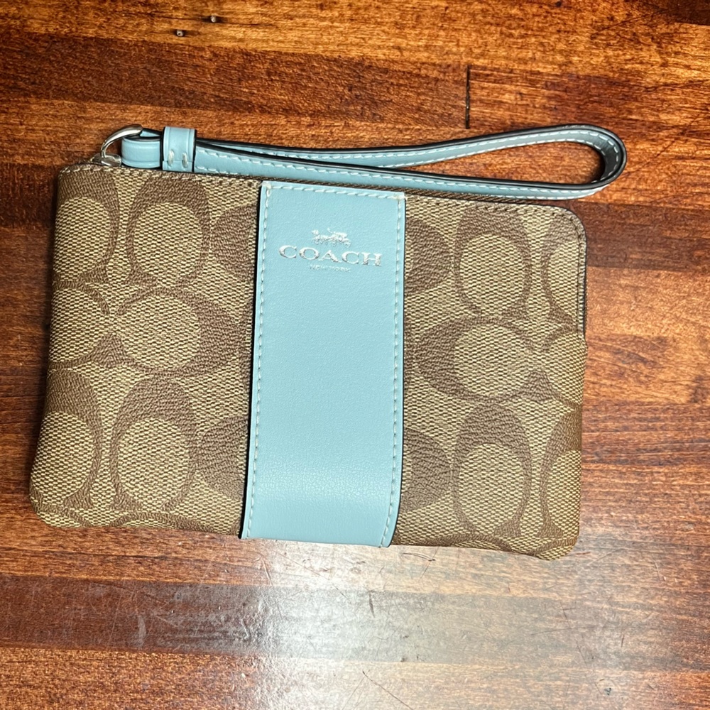 Coach Signature Brown and Light Blue Wristlet